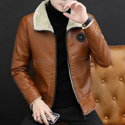 2026 Men's PU Leather Jacket Slim Fit Fur Collar Motorcycle Biker Jacket Warm Winter Coat for Men Windproof Zipper