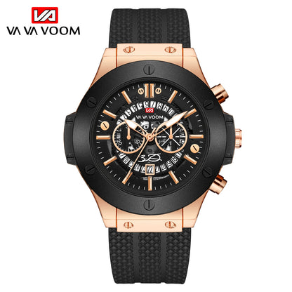 Black Silicone Mens Hand 46mm Hollowed Out Large Dial Rose Gold Fashionable Military Style Original Quartz Movement Sports Watch