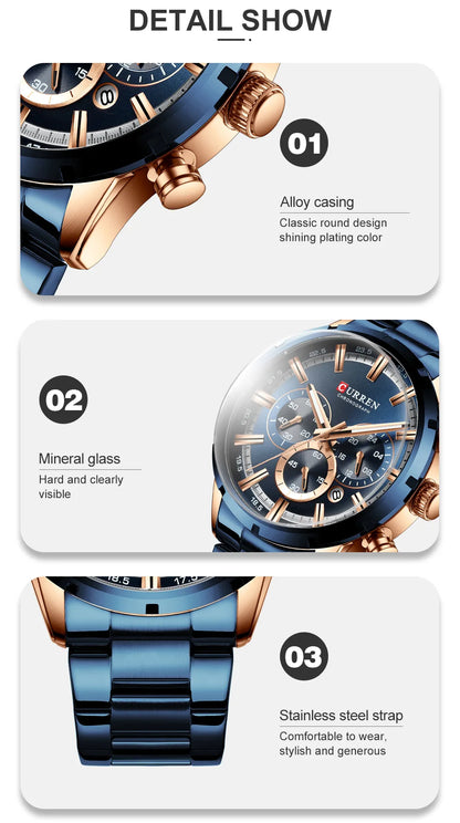 CURREN 8355 Top Brand Luxury Sports Quartz Mens Watches Full Steel Waterproof Chronograph Wristwatch Men Relogio Masculino