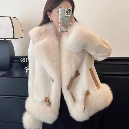 Women Imitation Fox Fur Turn Down Collar Suede Jacket Faux Mink Fur Collar Coat Fur Quilted Coat Cotton Padded Inner Parka Tops
