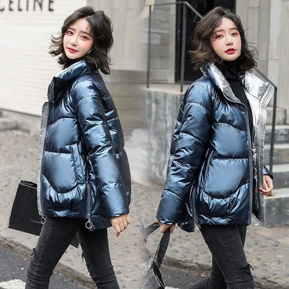 Glossy Down Women's Cotton Jacket Winter Slim Fit Stand Collar Parka Jacket Woman Casual Zipper Up Thick Warm Parkas Mujer
