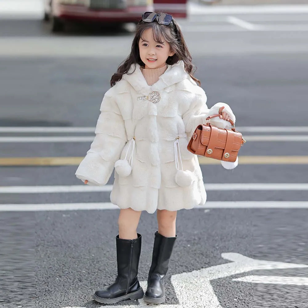 Girls Faux Mink Fur Coat Winter Children Girls Long Sleeve Hooded Christmas Jacket Super Warm  Kids Girls Coat Girls Outerwear