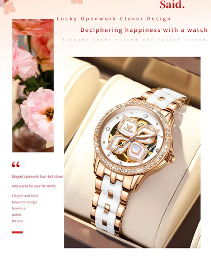 OLEVS 6612 Womens Watch Elegant Fashion Bezel Ceramic Strap Original Mechanical Watch Waterproof Luminous Butterfly Dial Ladies