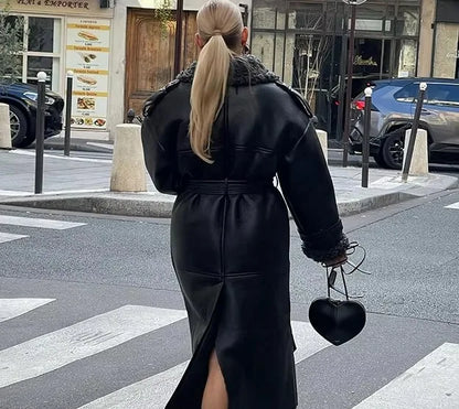 Faux Fur Leather Long Jacket Women Lapel Long Sleeve Belt Thicken Female Coats Winter Fashion Street Patchwork Lady Outwear