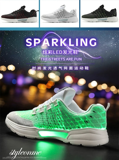 Men Fashion LED Shoes Light Up Sneakers USB Recharging Fiber OPTIC Cloth Elastic Sole Glowing Luminous Flashing Casual Shoes