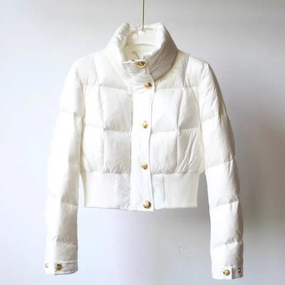 High-end Korean Short Winter Jacket Women Stand-up Collar Warm Parka Puffer Jacket Light Coat Outdoor Windproof Outerwear Button