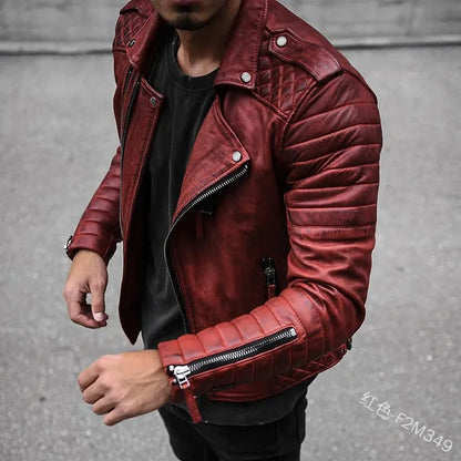 Fashion Leather Coat Men Spring Autumn  Slim Lapel Locomotive Men Leather Jacket Solid Color Long Sleeve PU Brown Leather Jacket