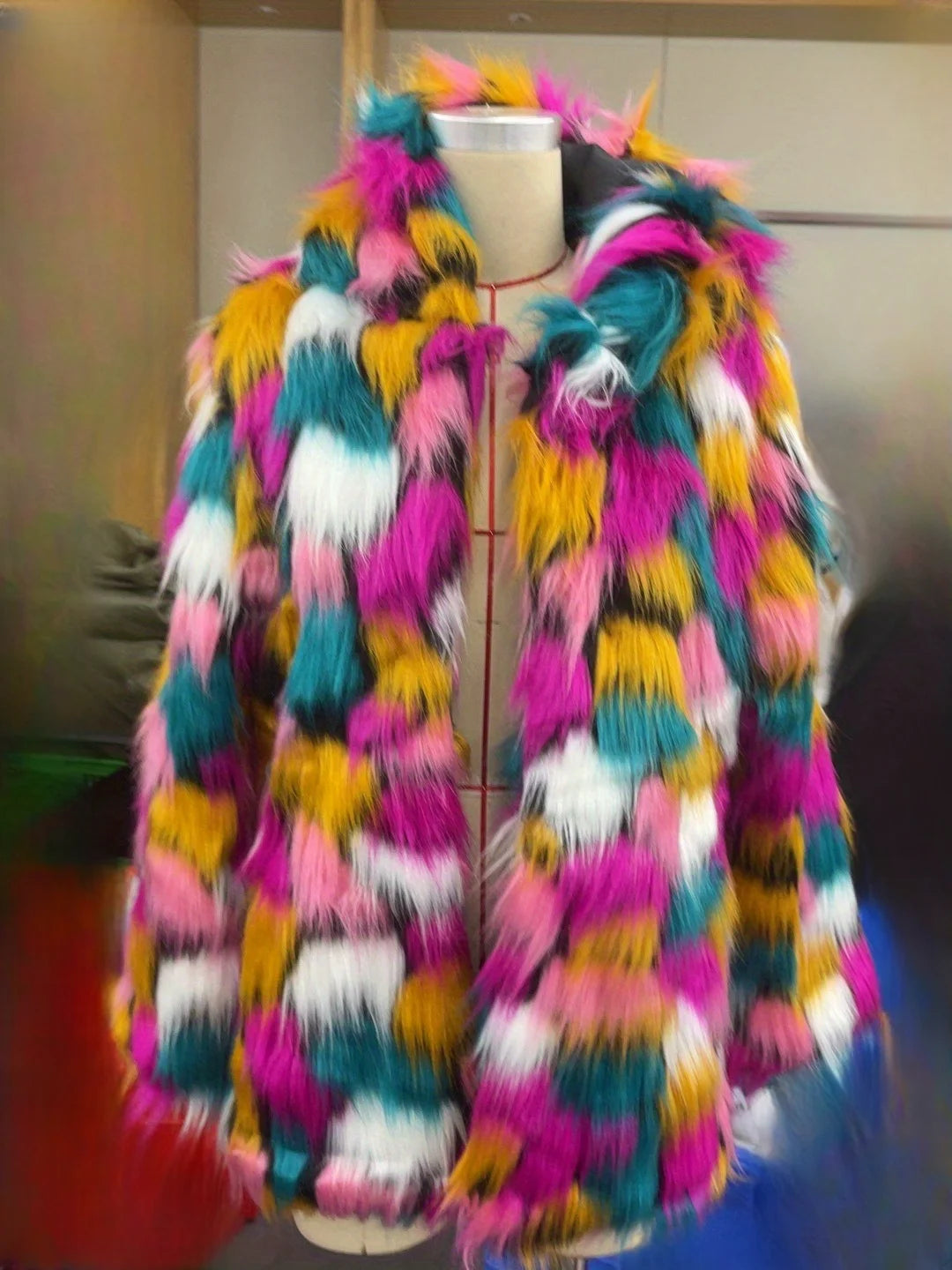 Women's Bold Warm Faux Fur Jacket Thicken Hooded Hidden Button Casual Loose Soft Color Blocking Outwear Winter Chic  Coat