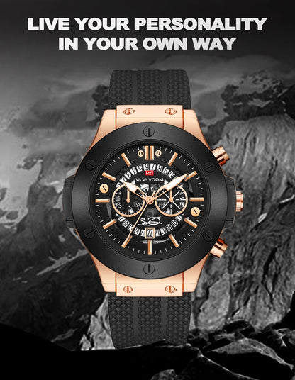 Black Silicone Mens Hand 46mm Hollowed Out Large Dial Rose Gold Fashionable Military Style Original Quartz Movement Sports Watch