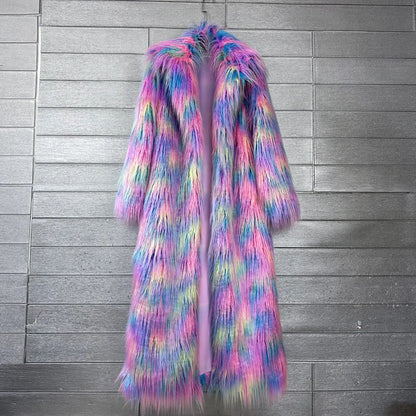DEAT 2025 Winter New Items Imitation Colorful Long Coat For Women Faux Fur Suit Collar Long Sleeve Trench Jacket Female 11A05577