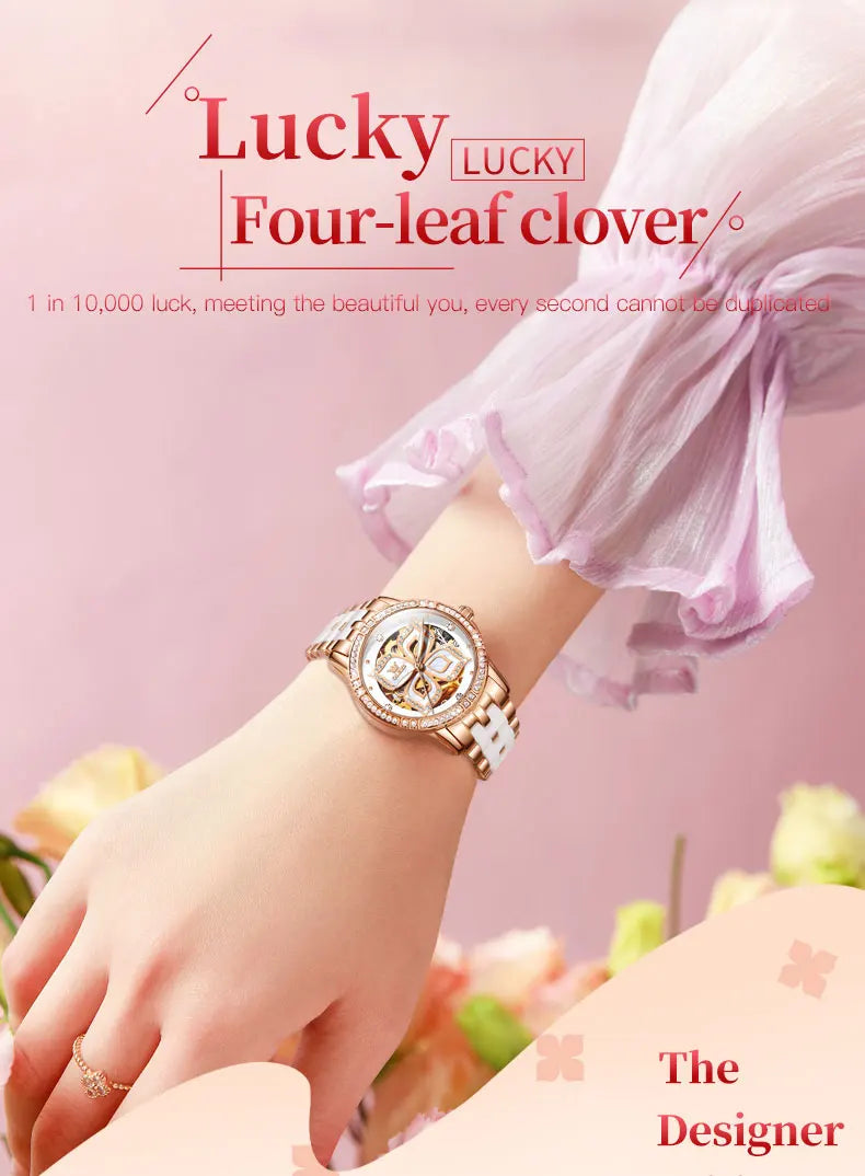 OLEVS 6612 Womens Watch Elegant Fashion Bezel Ceramic Strap Original Mechanical Watch Waterproof Luminous Butterfly Dial Ladies