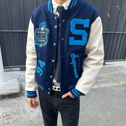 Embroidery Baseball Jacket for Men Streetwear Varisity Jacket Splicing PU Leather Sleeves Women Bomber Jacket Unisex Men Clothes