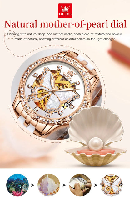 OLEVS 6622 Women's Watch Butterfly Dial Luxury Waterproof Mechanical Watch For Women Hollow Ceramic Strap Automatic Wristwatch