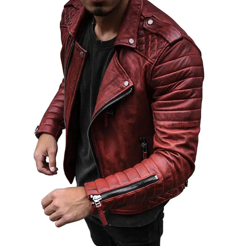 Fashion Leather Coat Men Spring Autumn  Slim Lapel Locomotive Men Leather Jacket Solid Color Long Sleeve PU Brown Leather Jacket