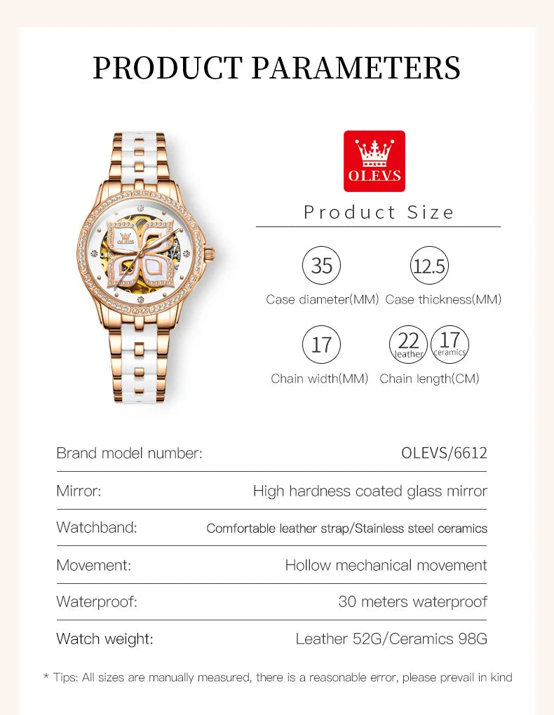 OLEVS 6612 Womens Watch Elegant Fashion Bezel Ceramic Strap Original Mechanical Watch Waterproof Luminous Butterfly Dial Ladies