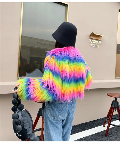 Women's Winter Rainbow Faux Fur Coat Lady Streetwear O Neck Long Sleeve Loose Fuzzy Warm Loose Outwear