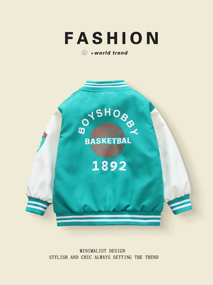 Spring - Autumn Boys' Baseball Jackets with Basketball Pattern, Suitable for 3 - 10 Year Olds, Unhooded Style