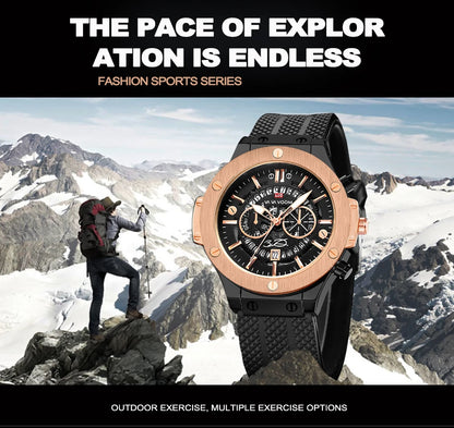 Black Silicone Mens Hand 46mm Hollowed Out Large Dial Rose Gold Fashionable Military Style Original Quartz Movement Sports Watch