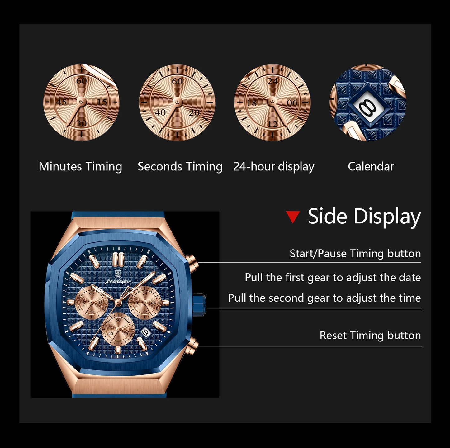 POEDAGAR Business Quartz Men's Wristwatch Chronograph Date Silicone Strap Man Watch Waterproof Military Luminous Watches For Men