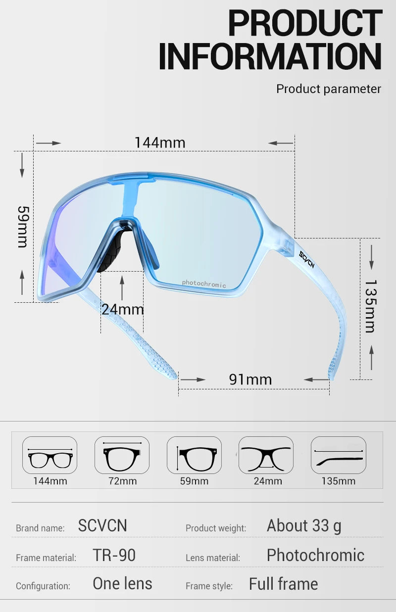 Scvcn Color Photochromic Sunglasses Cycling Glasses Sports for Men Mountain Bike Road Bicycle Fashion Eyewear Goggles UV400 MTB