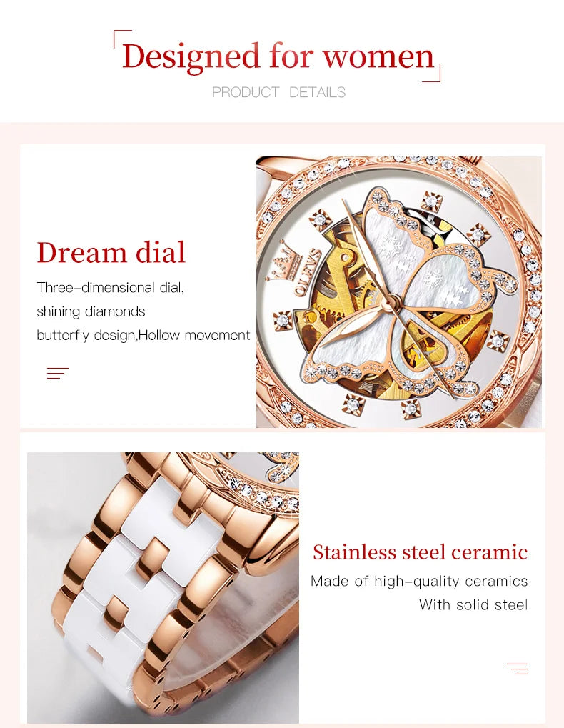 OLEVS 6622 Women's Watch Butterfly Dial Luxury Waterproof Mechanical Watch For Women Hollow Ceramic Strap Automatic Wristwatch