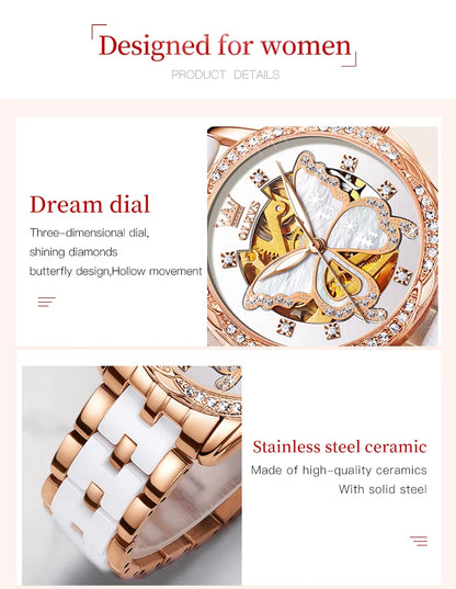 OLEVS 6622 Women's Watch Butterfly Dial Luxury Waterproof Mechanical Watch For Women Hollow Ceramic Strap Automatic Wristwatch
