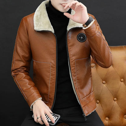 2026 Men's PU Leather Jacket Slim Fit Fur Collar Motorcycle Biker Jacket Warm Winter Coat for Men Windproof Zipper