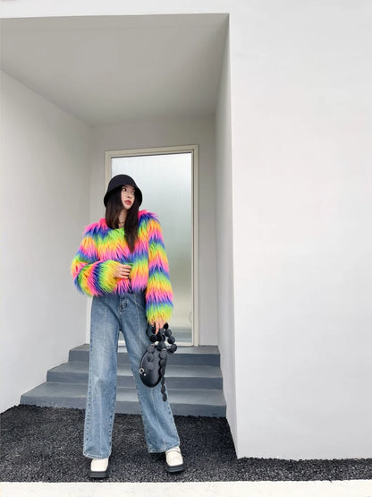 Women's Winter Rainbow Faux Fur Coat Lady Streetwear O Neck Long Sleeve Loose Fuzzy Warm Loose Outwear