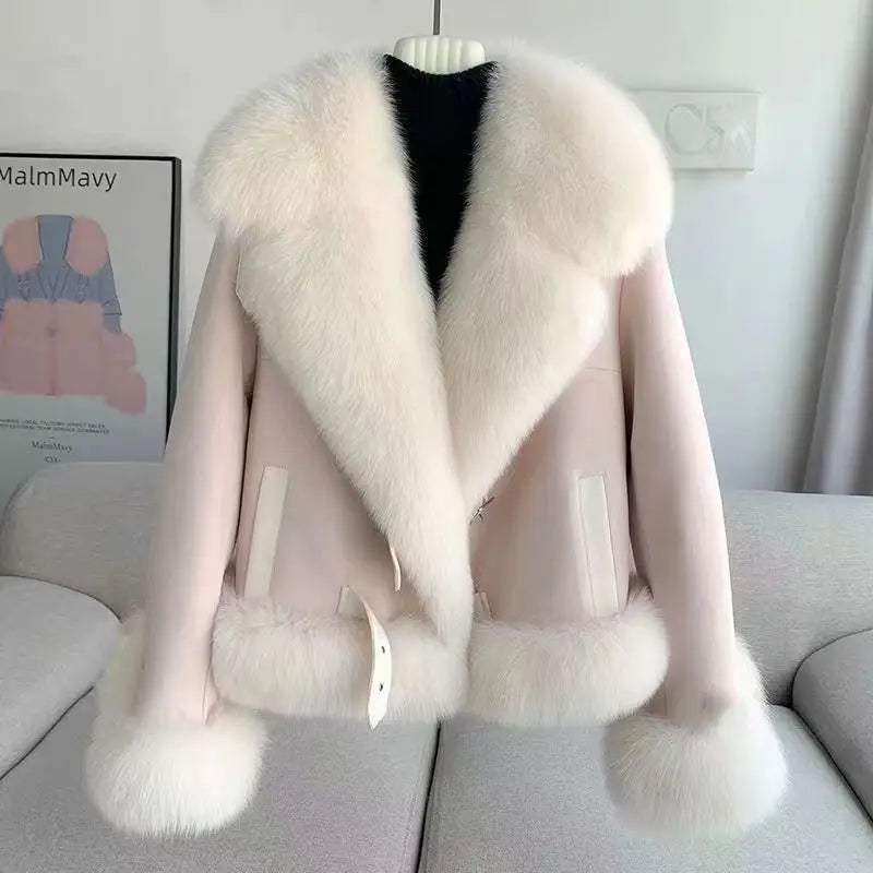Women Imitation Fox Fur Turn Down Collar Suede Jacket Faux Mink Fur Collar Coat Fur Quilted Coat Cotton Padded Inner Parka Tops