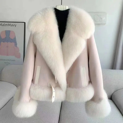 Women Imitation Fox Fur Turn Down Collar Suede Jacket Faux Mink Fur Collar Coat Fur Quilted Coat Cotton Padded Inner Parka Tops