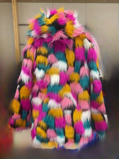 Women's Bold Warm Faux Fur Jacket Thicken Hooded Hidden Button Casual Loose Soft Color Blocking Outwear Winter Chic  Coat