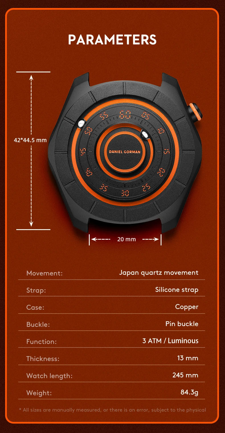 DANIEL GORMAN Magnetic Bead Pointers Quartz Watch for Men Military Sport Waterproof Luminous Wristwatch with Red Strap DG0788