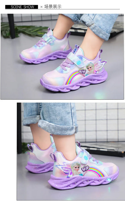 Disney Girls' Casual Shoes Led Lights Mesh Breathable Children's Sports  Princess Elsa Pink Purple Shoes Sneakers Size 22-37
