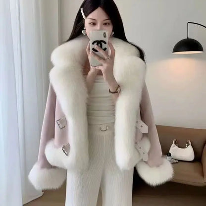 Women Imitation Fox Fur Turn Down Collar Suede Jacket Faux Mink Fur Collar Coat Fur Quilted Coat Cotton Padded Inner Parka Tops