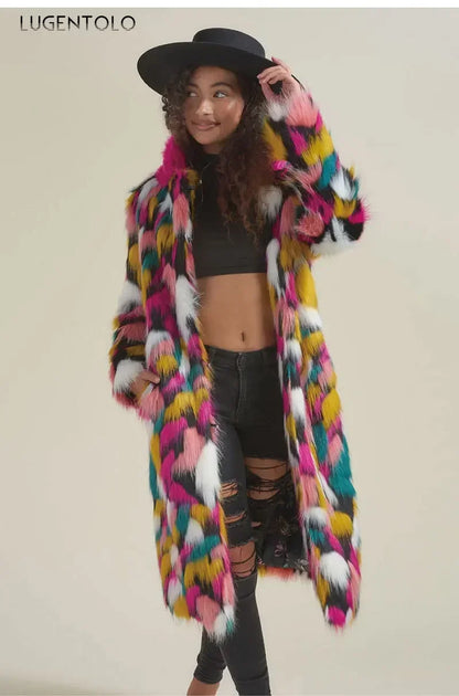 Women Faux Fur Long Coat Rainbow Colorful Faux Fox Fur Autumn Winter Lady Fashion Street Warm Quality 2023 Cloth Lugentolo