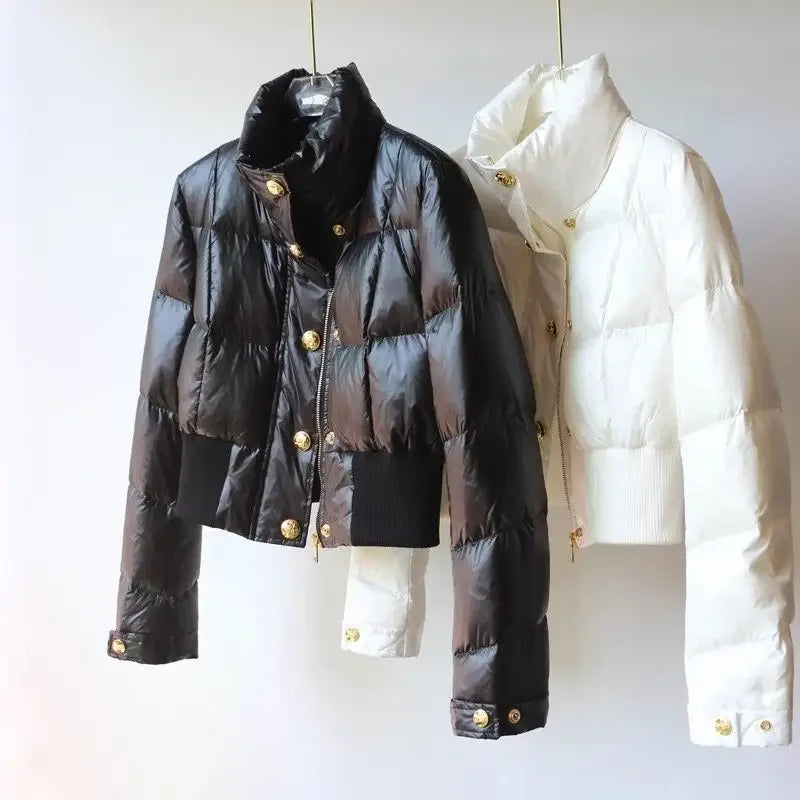 High-end Korean Short Winter Jacket Women Stand-up Collar Warm Parka Puffer Jacket Light Coat Outdoor Windproof Outerwear Button