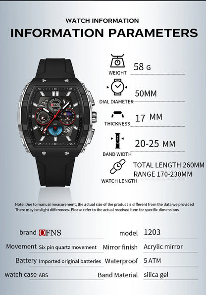 OFNS Fashion Quartz Watches for Man Luminous Waterproof Chronograph Calendar Silicone Strap Outdoor Luxury Sports Men Watch