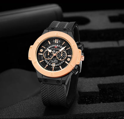 Black Silicone Mens Hand 46mm Hollowed Out Large Dial Rose Gold Fashionable Military Style Original Quartz Movement Sports Watch