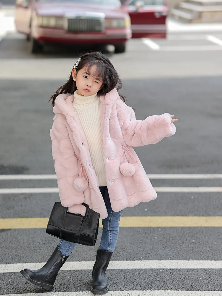 Girls Faux Mink Fur Coat Winter Children Girls Long Sleeve Hooded Christmas Jacket Super Warm  Kids Girls Coat Girls Outerwear