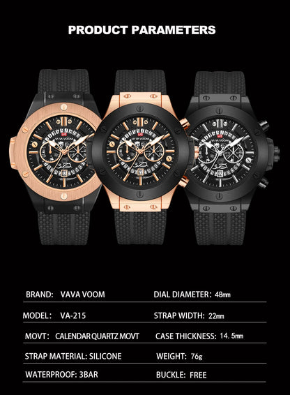 Black Silicone Mens Hand 46mm Hollowed Out Large Dial Rose Gold Fashionable Military Style Original Quartz Movement Sports Watch