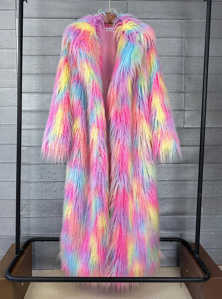 DEAT 2025 Winter New Items Imitation Colorful Long Coat For Women Faux Fur Suit Collar Long Sleeve Trench Jacket Female 11A05577