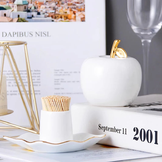 White Apple-shaped Toothpick Box Painted Gold Bone China Toothpick Holder Home Desktop Toothpick Storage Jar Home Decoration