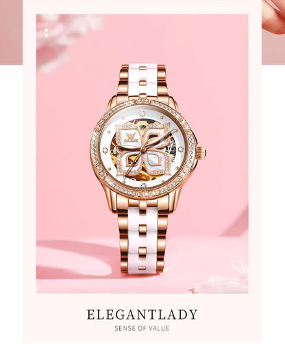 OLEVS 6612 Womens Watch Elegant Fashion Bezel Ceramic Strap Original Mechanical Watch Waterproof Luminous Butterfly Dial Ladies