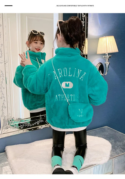 Fake Fur Girls Jacket Winter New Solid Color Letter Print Padded Lining Thick Warm Plush Coats For 5-12Y Kids Fashion Overcoat