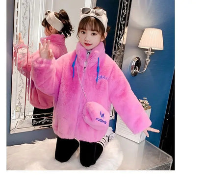 Fake Fur Girls Jacket Winter New Solid Color Letter Print Padded Lining Thick Warm Plush Coats For 5-12Y Kids Fashion Overcoat