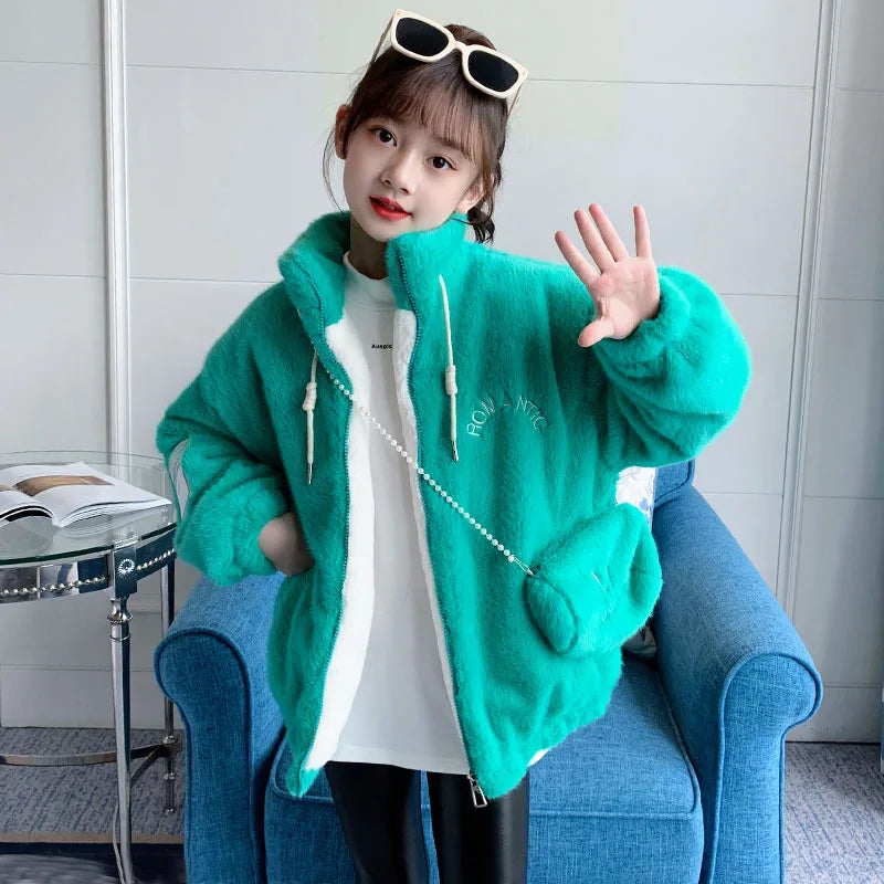 Fake Fur Girls Jacket Winter New Solid Color Letter Print Padded Lining Thick Warm Plush Coats For 5-12Y Kids Fashion Overcoat
