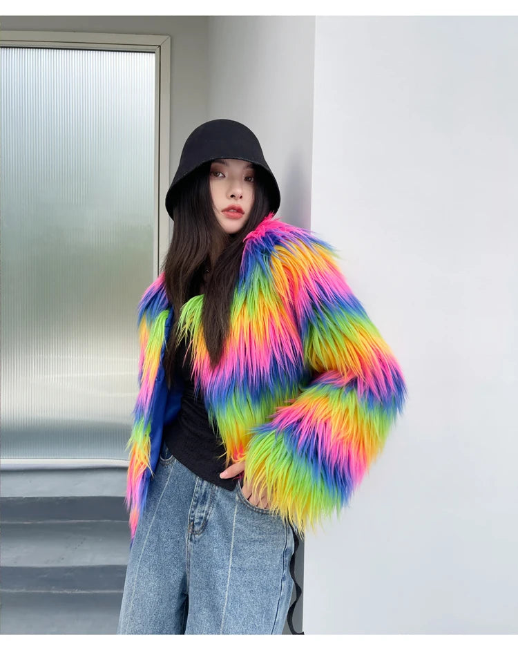 Women's Winter Rainbow Faux Fur Coat Lady Streetwear O Neck Long Sleeve Loose Fuzzy Warm Loose Outwear