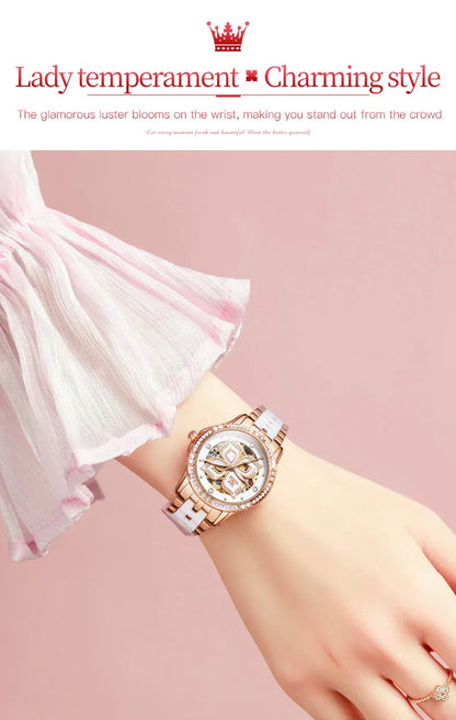 OLEVS 6612 Womens Watch Elegant Fashion Bezel Ceramic Strap Original Mechanical Watch Waterproof Luminous Butterfly Dial Ladies