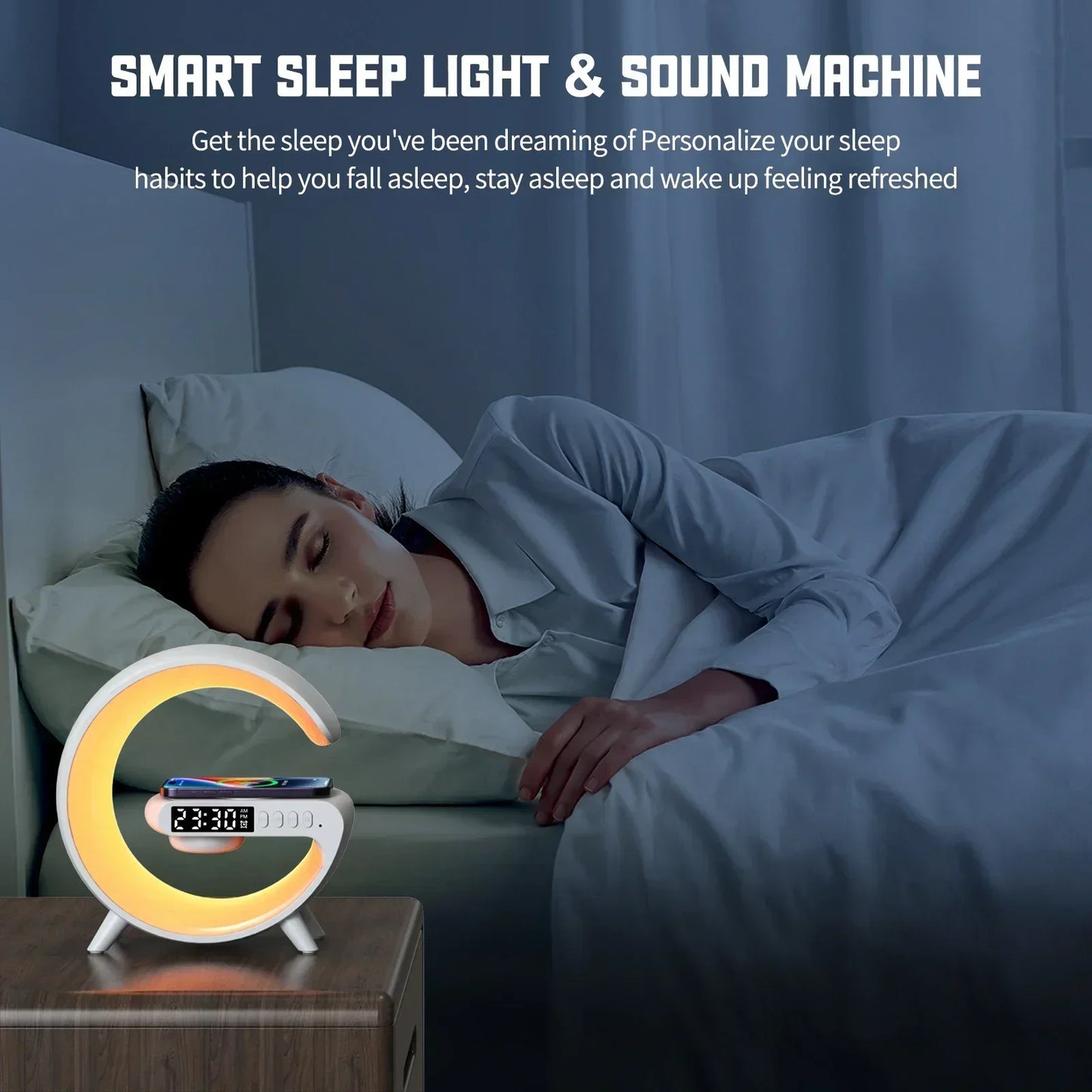 G Atmosphere Goodnight Light Wireless Charger Speaker Clock 6 Lighting Modes for iPhone 16 15 14 13 Samsung Fast Charging Stand