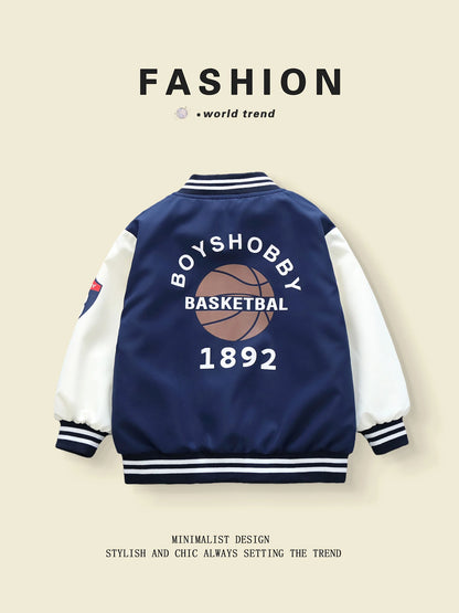 Spring - Autumn Boys' Baseball Jackets with Basketball Pattern, Suitable for 3 - 10 Year Olds, Unhooded Style